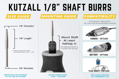 Image showing Extreme Taper Rotary Burr For Wood Carving One Eighth Inch Shank Very Coarse Tungsten Carbide Bit with size guide and compatibility.