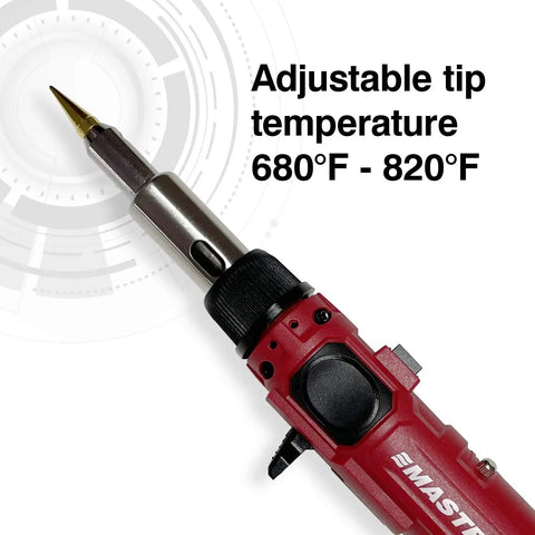 Cordless Butane Soldering Iron Kit With Portable Station Lead-Free Solder Included, Self Igniting And Adjustable Temperature 680F To 820F, showcasing adjustable tip temperature.
