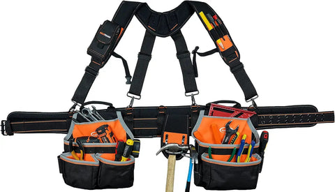 Pro Framer Combo System Tool Belt With Suspenders Do It All Rugged Heavy Duty Construction Pouch Set, 5 Piece Kit