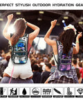 Two people with Transparent Purple 20L Hydration Backpack With 2L BPA Free Bladder at a festival, lightweight and durable