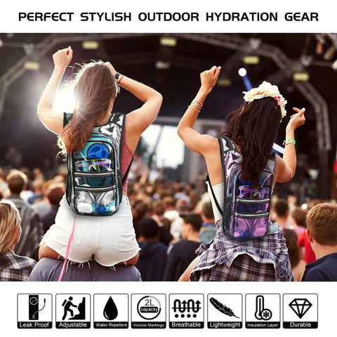Two people with Transparent Purple 20L Hydration Backpack With 2L BPA Free Bladder at a festival, lightweight and durable