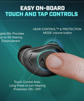 XCOR Pro Wireless Earbuds With Bluetooth, Touch Control, HearPRO Sound Enhancement, close-up of touch controls.