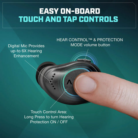 XCOR Pro Wireless Earbuds With Bluetooth, Touch Control, HearPRO Sound Enhancement, close-up of touch controls.