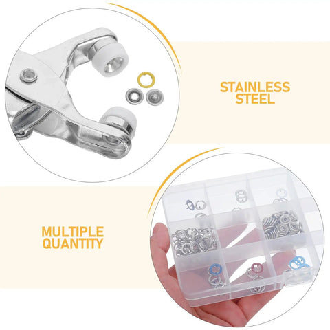 Five Claw Stainless Steel Snap Fastener Kit For Clothing, Heavy Duty Garment Snaps For Shirts And Bibs, Secure Metal Fasteners, Easy Install, Colorful Hollow Metal Buttons For Sewing Projects, DIY Friendly Quick Install, stainless steel kit in organizer