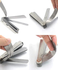 Stainless steel feeler gauge set, 32 pieces with SAE and metric blades for valve thickness measurement