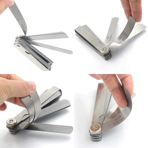 Stainless steel feeler gauge set, 32 pieces with SAE and metric blades for valve thickness measurement