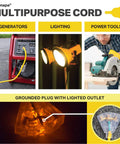 Image of 10 Gauge 50 Foot Heavy Duty Outdoor Extension Cord With 3 Outlets 15 Amp SJTW used with power tools and lighting.