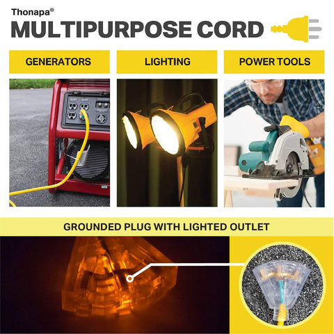 Image of 10 Gauge 50 Foot Heavy Duty Outdoor Extension Cord With 3 Outlets 15 Amp SJTW used with power tools and lighting.