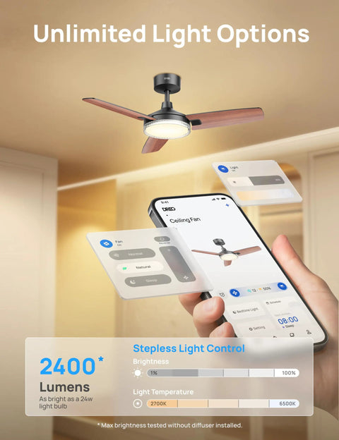 Smart Ceiling Fan With Lights, 42 Inch Black, 12 Speeds, Stepless Color Tones, remote app control via smartphone displayed