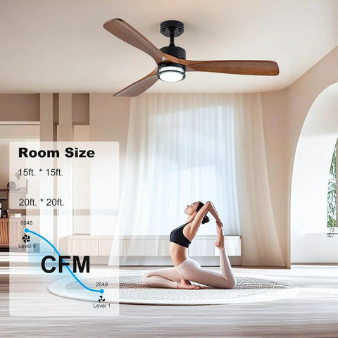 Modern living room with 52 Inch Outdoor Ceiling Fan With Light, Solid Walnut Wood Blades, using remote for yoga space