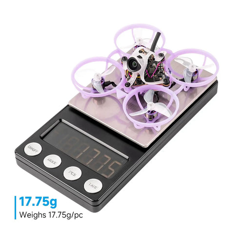 Air65 II Brushless Whoop Micro Drone 17.75g on scale for Indoor FPV Racing, showing ultralight 1S 65mm build and C03 camera