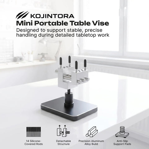 Totally Portable Nifty Mini Table Vise With Quick Swap Clamp, precision aluminum mini vise for detailed tabletop tasks.