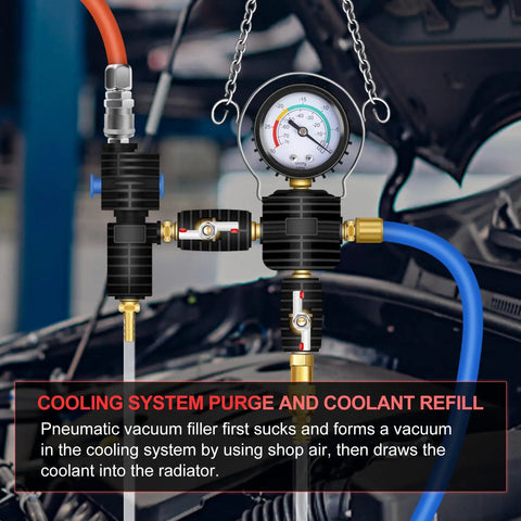 Radiator Coolant Pressure Tester Kit With Vacuum Refill Tool And 28 Piece Adapters For Cars And Trucks Pro Grade Automotive Cooling System Leak Test And Pneumatic Purge Fill Set With Universal Testing Caps in use near car engine bay.