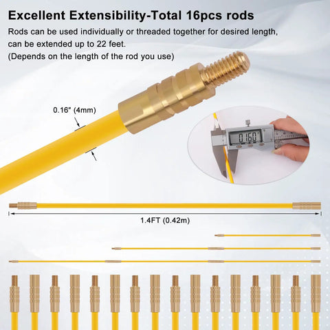22Ft Fiberglass Wire Running Kit With Four Attachments For Quick Low Friction Cable Pulls Through Conduits Ultra Flexible Fish Tape Rods, 16 rods