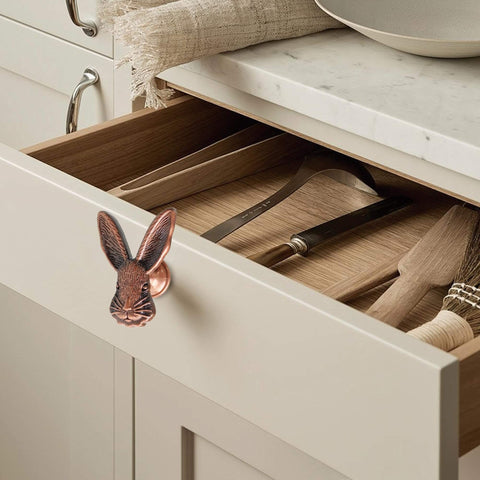 Cute 4 Pack Rabbit Drawer Knobs With 3D Bunny Head Design For Kids Rooms And Furniture Zinc Alloy Decorative Cabinet Pulls With Antique Finish Bolwhao installed on kitchen drawer