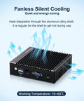 Intel J4105 Fanless Firewall Mini PC Router Featuring Four 2.5 Gigabit LAN Ports And Aes Ni Processing Power showing aluminum alloy cooling design.