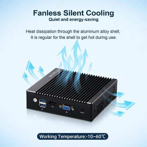Intel J4105 Fanless Firewall Mini PC Router Featuring Four 2.5 Gigabit LAN Ports And Aes Ni Processing Power showing aluminum alloy cooling design.