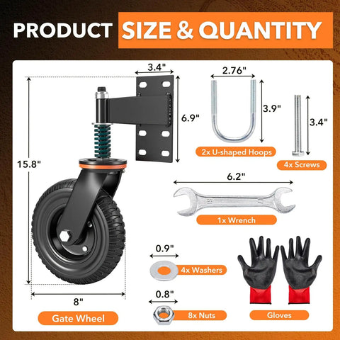 8 Inch Heavy Duty Fence Gate Wheel With 360 Degree Rotation Spring Loaded Rubber Caster 700 Lbs Capacity Fits Metal Tube Or Wooden Gates No Fuss Install With Straight Bolts And U Bolts including components and dimensions