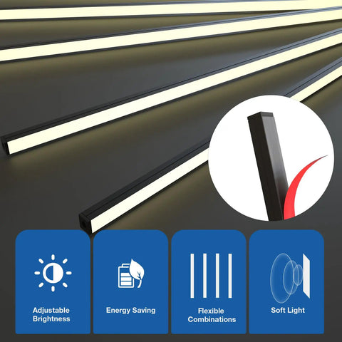 Six Pcs Wood Slat LED Recessed Lighting Kit With Self Adhesive 3000K Warm White Light, showing adjustable brightness and energy saving features.