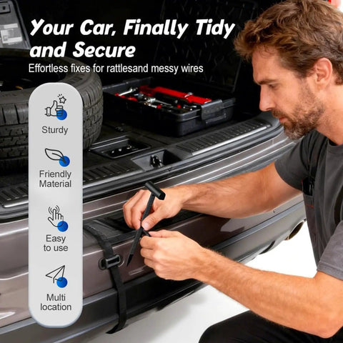 Man using Heavy Duty Nylon Zip Ties With Pin And Button Buckle For Car Repairs Universal Cable Tie Buckle on car trunk
