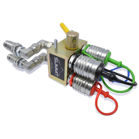 Manual Hydraulic Multiplier With SCV Splitter Diverter Valve, Couplers And AG Fittings For Farm Hydraulics, flip handle view