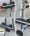 Exposed Shower System with Waterfall Tub Spout G1/2 Connection Gun Gray showing installation and water flow features.