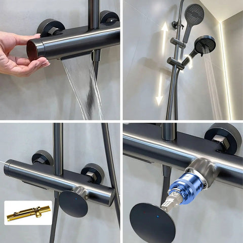 Exposed Shower System with Waterfall Tub Spout G1/2 Connection Gun Gray showing installation and water flow features.