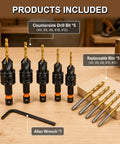 Pro Level Adjustable Titanium Hss Steel Countersink Drill Bit Set 11 Piece Heavy Duty Woodworking Kit showing included drill bits and allen wrench.