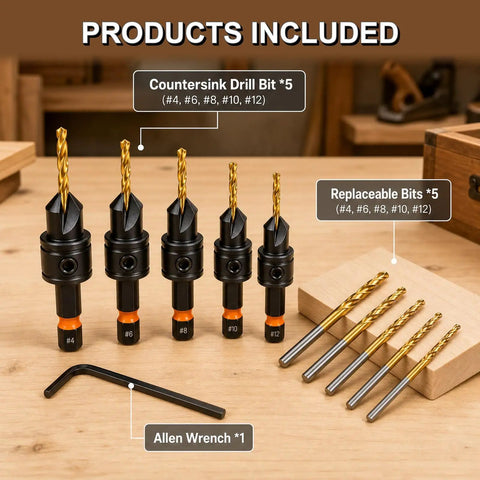 Pro Level Adjustable Titanium Hss Steel Countersink Drill Bit Set 11 Piece Heavy Duty Woodworking Kit showing included drill bits and allen wrench.