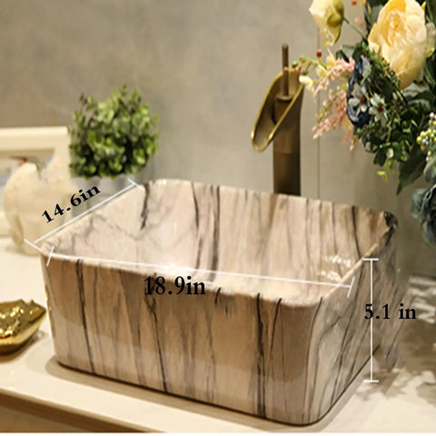 Marbling Vessel Sink, Bathroom Sink Rectangle with Faucet and Drain Ceramic Counter Top Sink Above Counter Bathroom Vanity Sink Bowl Art Wash Basin dimensions shown with marble pattern design.