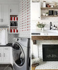 Modern kitchen and laundry room with Polished White Peel and Stick Backsplash Tiles Set, 10 Sheets 12x12 PVC Ceramic Look Subway Tile.