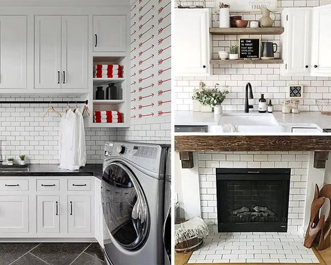 Modern kitchen and laundry room with Polished White Peel and Stick Backsplash Tiles Set, 10 Sheets 12x12 PVC Ceramic Look Subway Tile.
