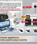 Beefy 800W Step Up Down Voltage Converter Transformer 110V To 220V with US UK EU Power Cords connected to various appliances.