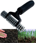 Hand Seeder Spiker Tool For Grass Seed In Tight Spaces Small Gardens And Dog Spots Pro Grade Heavy Duty Steel Frame With Five Inch Wide Fifteen Independent Spiker Wheels Each Quarter Inch Spike For Fast Brown Patch And Dead Spot Repair