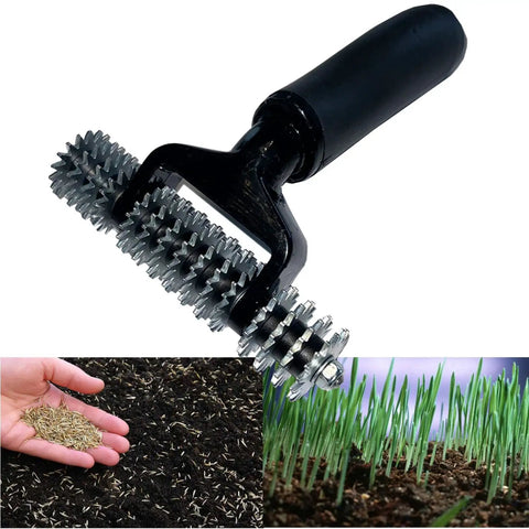 Hand Seeder Spiker Tool For Grass Seed In Tight Spaces Small Gardens And Dog Spots Pro Grade Heavy Duty Steel Frame With Five Inch Wide Fifteen Independent Spiker Wheels Each Quarter Inch Spike For Fast Brown Patch And Dead Spot Repair