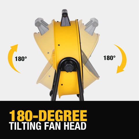 180-degree tilting head of 20 Inch Industrial High Velocity Drum Fan With 3-Speed Tilting Head For Outdoor, Garage, Workshop, Home And Warehouse Use.
