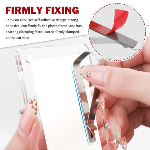 Close-up of Stainless Steel Car Visor Photo Clip showing self-adhesive design and firm grip on photo frame for car interior