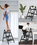 3 Step Folding Ladder For Adults With Anti Slip Wide Pedals Lightweight Aluminum Step Stool Portable 330 Lbs Capacity Ladder For Home Kitchen Office Library Easy Fold Compact Built To Last And Safe, black 3-step ladder in kitchen and home use