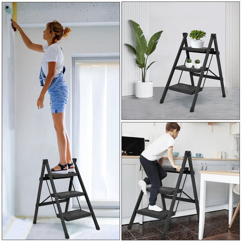 3 Step Folding Ladder For Adults With Anti Slip Wide Pedals Lightweight Aluminum Step Stool Portable 330 Lbs Capacity Ladder For Home Kitchen Office Library Easy Fold Compact Built To Last And Safe, black 3-step ladder in kitchen and home use