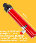 Red hydraulic floor jack pump, side view with black top knob and side valve; 13.39 inches long