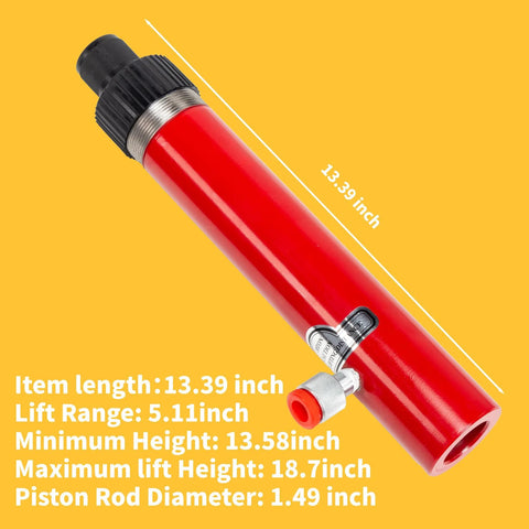 Red hydraulic floor jack pump, side view with black top knob and side valve; 13.39 inches long