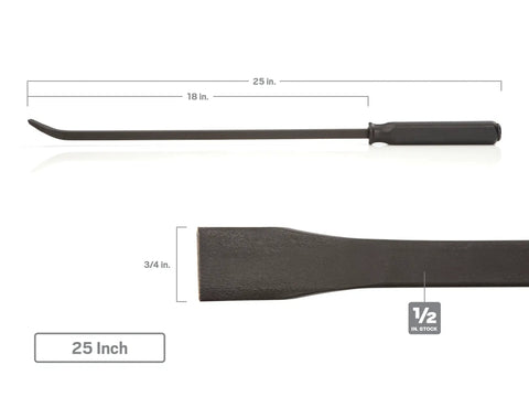 Beefy Angled End Handled Pry Bar Set, 3-piece with 25 inch steel pry bar, heat-treated for heavy-duty prying, close-up view.