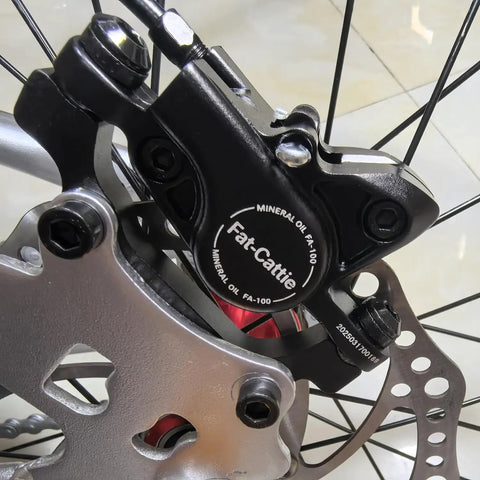 Close-up of MBT Hydraulic Disc Brake Set on bike wheel, showing black caliper and 160mm rotor for mountain fat road and eBikes.