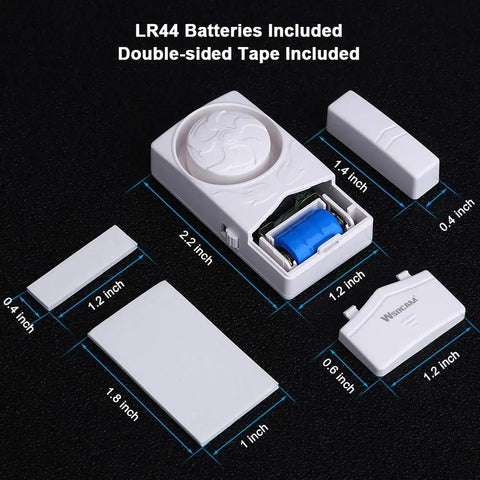 Door And Window Alarm Kit For Home Wireless Security Sensor System dimensions and parts layout with LR44 batteries included
