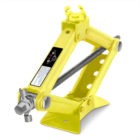 Heavy Duty 1.5 Ton Scissor Jack With Straight Talk Ratchet Design And No Sweat Grip, yellow color, close-up view of the lifting mechanism.