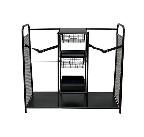 Heavy Duty Metal Golf Bag Organizer Rack For Two Bags With Secure Straps Two Wire Drawers For Accessories Five Shelves And One Shoe Shelf The Dope Golf Gear Storage Stand In Black