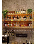 Slick Wall Mounted Metal Wine Rack And Glass Dryer Built Tough For Heavy Bottles Space Saving Home Bar Display with multiple bottles.