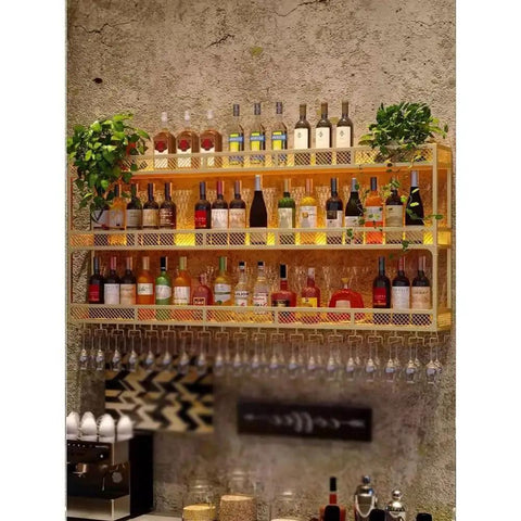 Slick Wall Mounted Metal Wine Rack And Glass Dryer Built Tough For Heavy Bottles Space Saving Home Bar Display with multiple bottles.