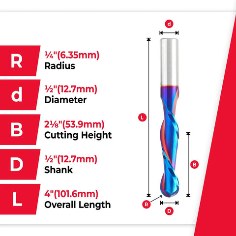 Solid Carbide Up Cut Ball Nose Router Bit dimensions and specifications chart featuring Spektra Extreme Tool Life coating