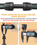 Half Inch Drip Irrigation Tubing Couplings Kit showing size compatibility with calipers, 12 Barbed Locking Connectors, 16mm OD